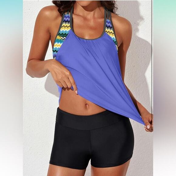 Womens Blouson Striped Printed Push up Strappy T-Back Tankini Top with Shorts M - Picture 3 of 5